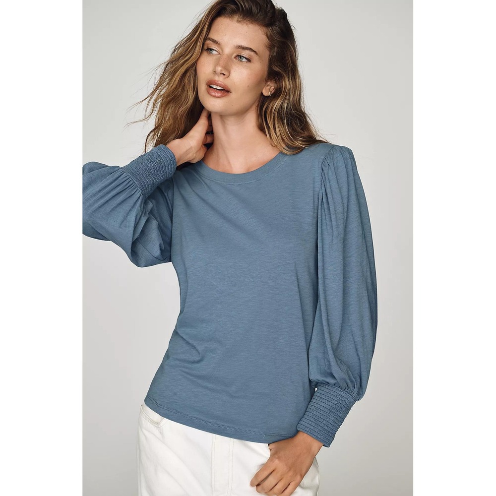 Nation LTD Top Puff Sleeve Smocked Cuff S Blue Pima Cotton Slub Crew Neck Tee